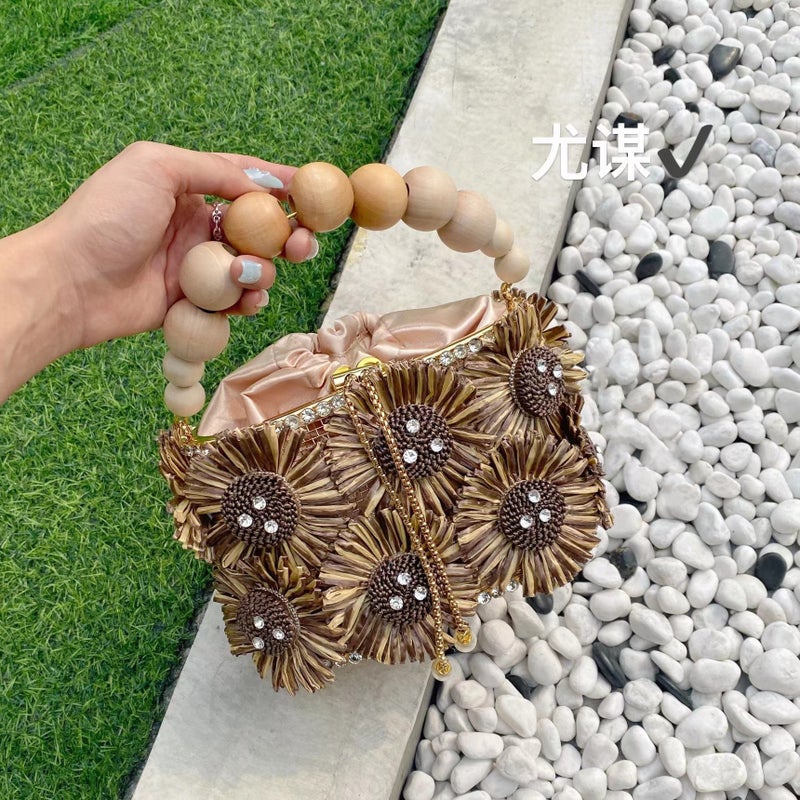 Sweet Sun Flower Bird Cage Hand-Woven Shiny Rhinestone Beaded Chain Vegetable Basket Bucket Handbag - Image 3