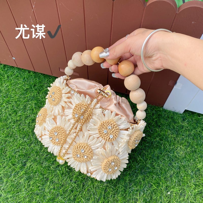 Sweet Sun Flower Bird Cage Hand-Woven Shiny Rhinestone Beaded Chain Vegetable Basket Bucket Handbag - Image 1