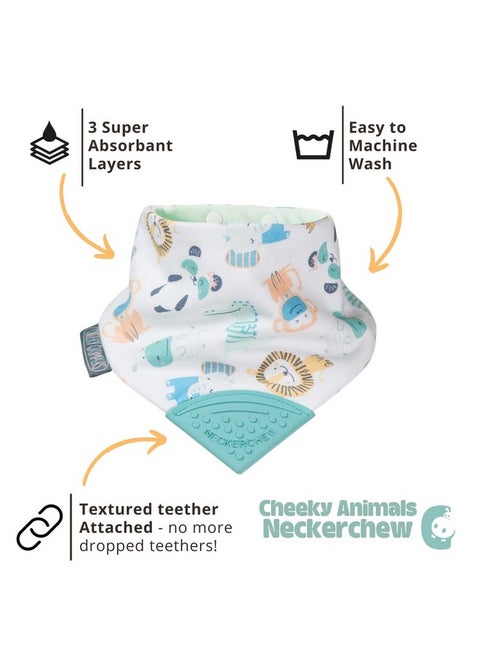Cheeky Chompers 2-in-1 Baby Dribble Bib With Soft Silicone Teether, Reversible Bandana Style, Innovative Dimple Design Soothes Gums, 3-Layer Absorbency (Cheeky Animals Neckerchew)