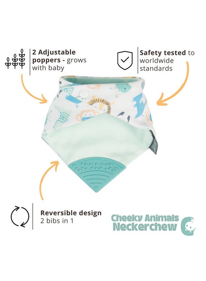 Cheeky Chompers 2-in-1 Baby Dribble Bib With Soft Silicone Teether, Reversible Bandana Style, Innovative Dimple Design Soothes Gums, 3-Layer Absorbency (Cheeky Animals Neckerchew)