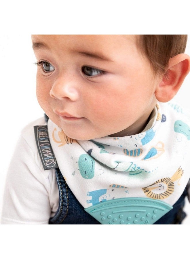 Cheeky Chompers 2-in-1 Baby Dribble Bib With Soft Silicone Teether, Reversible Bandana Style, Innovative Dimple Design Soothes Gums, 3-Layer Absorbency (Cheeky Animals Neckerchew)