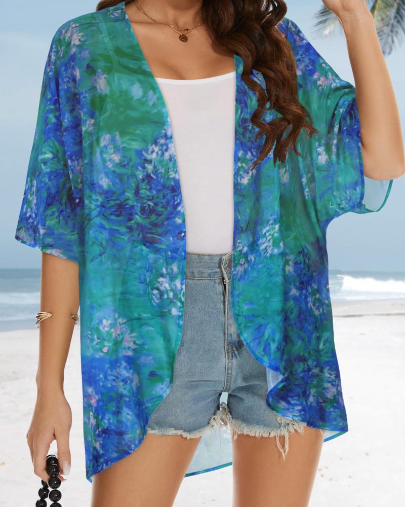 JOELLYUS Kimonos for Women Summer Tops Beach Cover Up Hawaiian Shirts Chiffon Cardigans Casual Blouse Lightweight Thin Jacket(Green Blue Flowers, L) - Image 4
