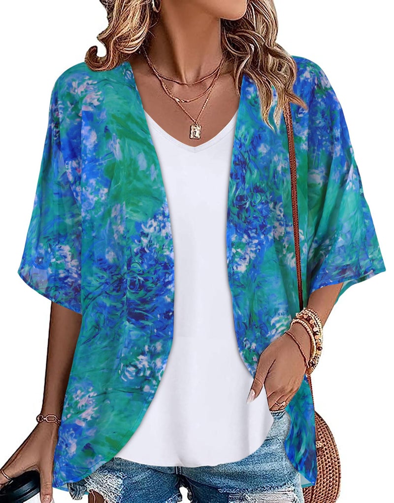 JOELLYUS Kimonos for Women Summer Tops Beach Cover Up Hawaiian Shirts Chiffon Cardigans Casual Blouse Lightweight Thin Jacket(Green Blue Flowers, L) - Image 1