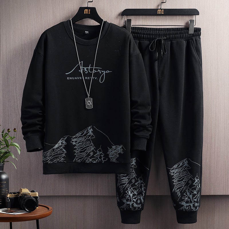 Sports Suit Mens 2024 Spring and Autumn New Youth Fashion Gradual Change Letter Round Neck Sweatshirt Casual Suit Mens 0755 white - Image 2