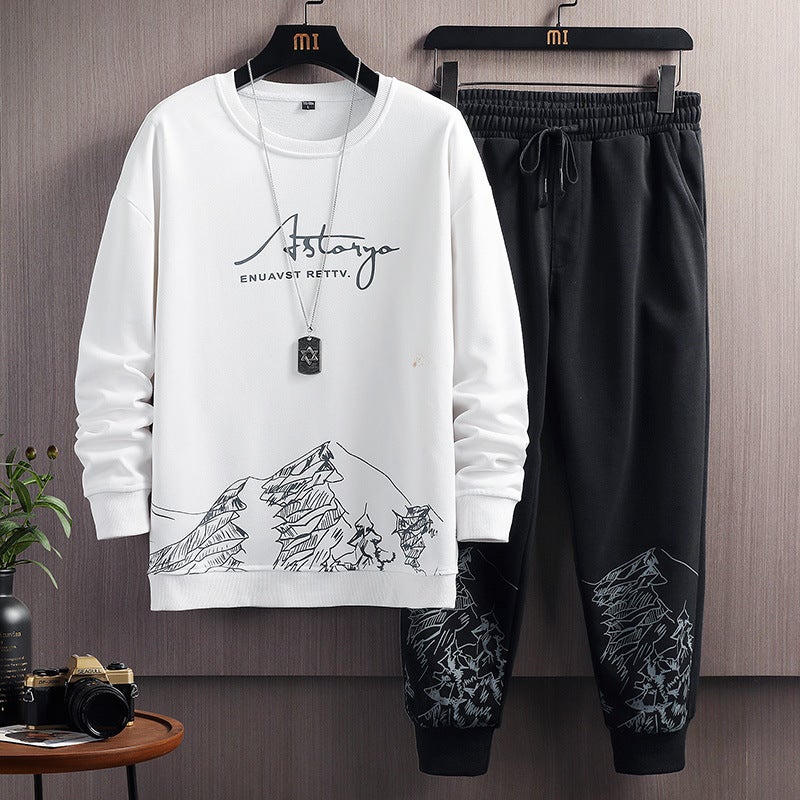 Sports Suit Mens 2024 Spring and Autumn New Youth Fashion Gradual Change Letter Round Neck Sweatshirt Casual Suit Mens 0755 white - Image 1