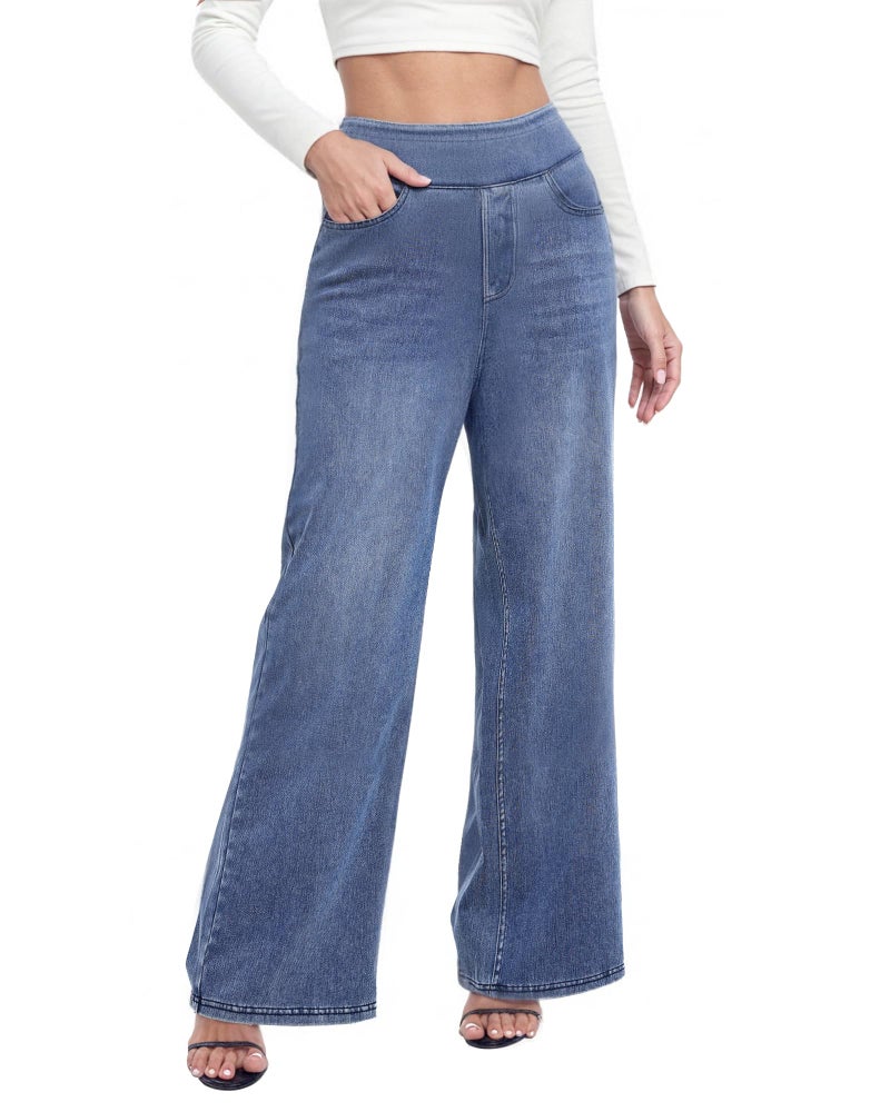 TONIRY Wide Leg Jeans for Women Pull on High Waisted Stretchy Blue Jean Woman Straight Leg Tummy Control Stretch Pants 29 Inseam Tall Long High Rise Pant Fashion, Blue, L - Image 1