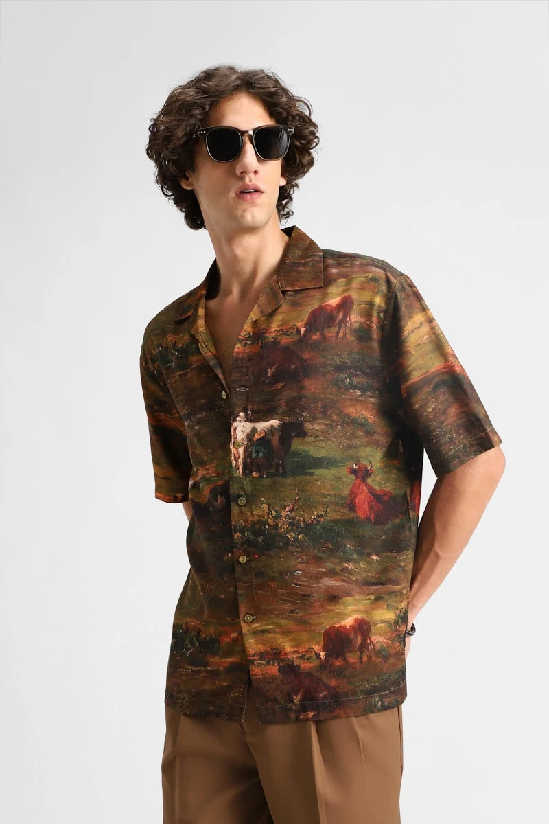 سنيتش Dark Green Printed Half Sleeve Boxy Shirt