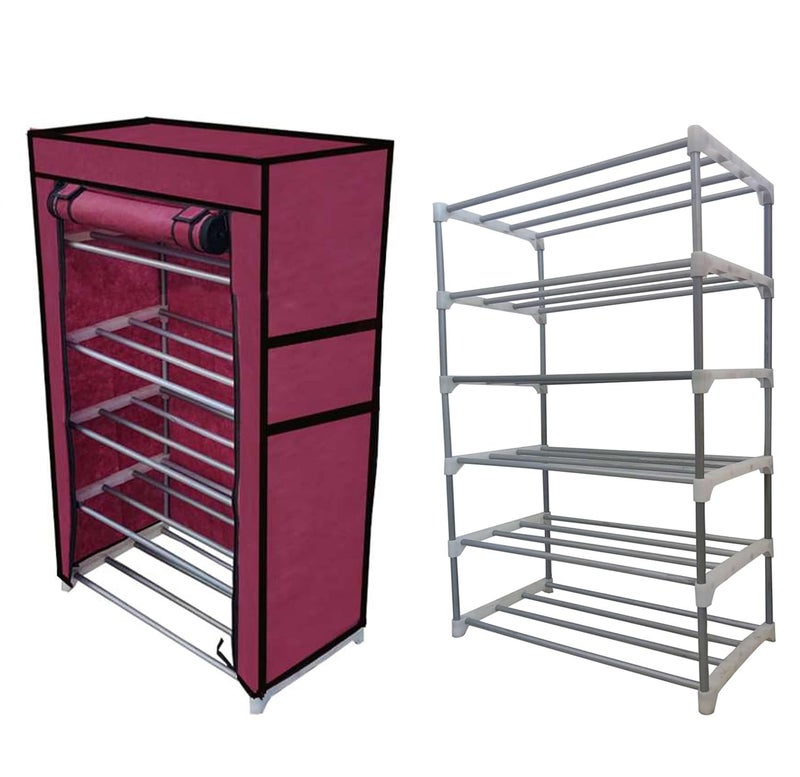 SANAMSTORE Open 5 Tier Metal Pipe with NonWoven 100GSM Fabric Cover ShoeClothToyBooks RackMaroon - Image 1