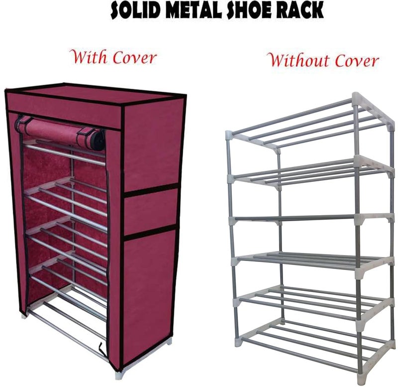 SANAMSTORE Open 5 Tier Metal Pipe with NonWoven 100GSM Fabric Cover ShoeClothToyBooks RackMaroon - Image 2