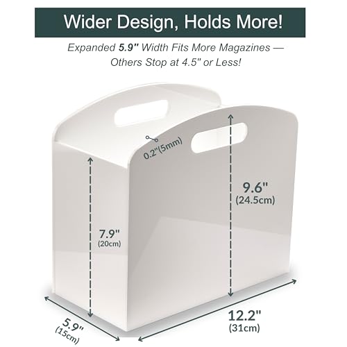 Meicloud White Magazine Holder - Acrylic Magazine Rack Floor, Newspaper Stand with handles, Modern Lucite Magazine and Book Basket Box for Bathroom, Bedroom, Living Room - Image 2