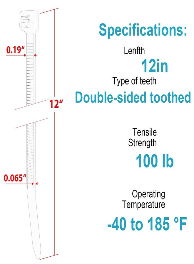 JIANYANG 12 Inch Zip Ties Double Sided Toothed,70 LBS Tensile Strength Heavy Duty Cable Wire Ties With Self-Locking Adjustable More Durable Nylon Tie Wraps for Indoor Outdoor（100 Pack） - Image 2