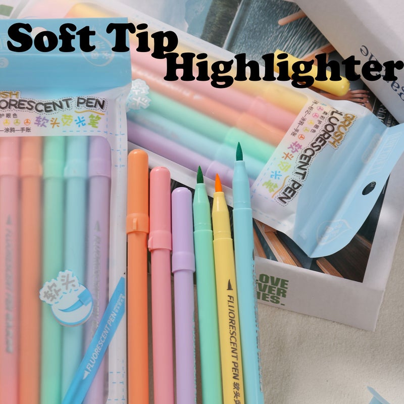 6 Piece Macaron Color Soft Tip Highlighters Set For Journaling Doodling And Office - Image 1