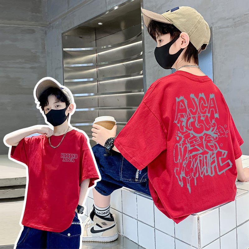 Boys' 2026 Colorful Letter Cotton Short-Sleeve T-Shirt For Older Children, Summer Loose And Simple New Style Boys' Top - Image 1
