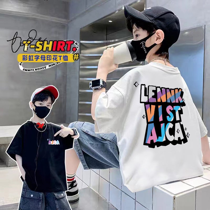 Boys' 2026 Colorful Letter Cotton Short-Sleeve T-Shirt For Older Children, Summer Loose And Simple New Style Boys' Top - Image 2