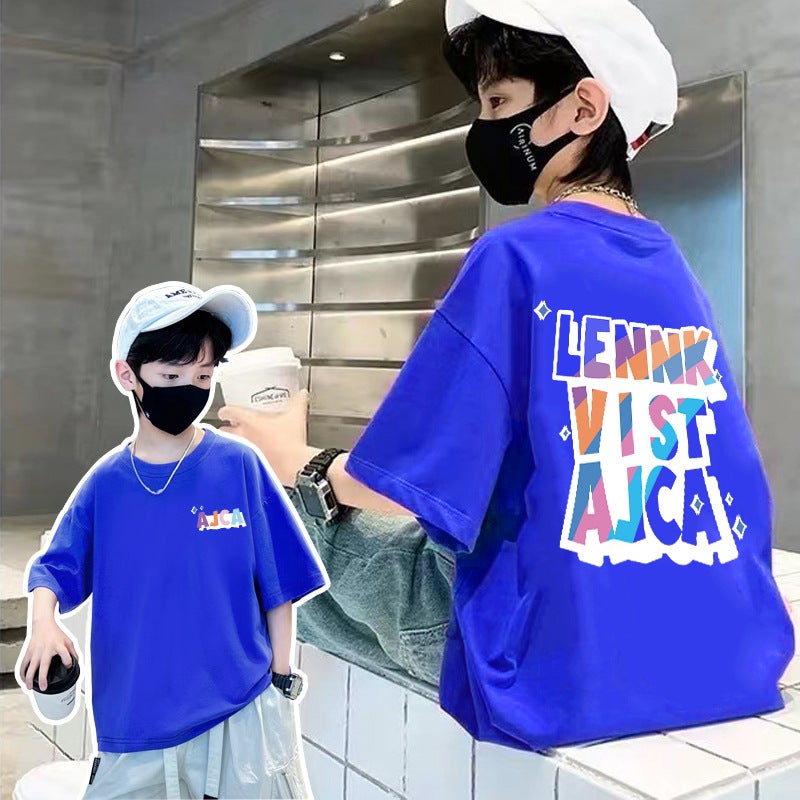 Boys' 2026 Colorful Letter Cotton Short-Sleeve T-Shirt For Older Children, Summer Loose And Simple New Style Boys' Top - Image 3