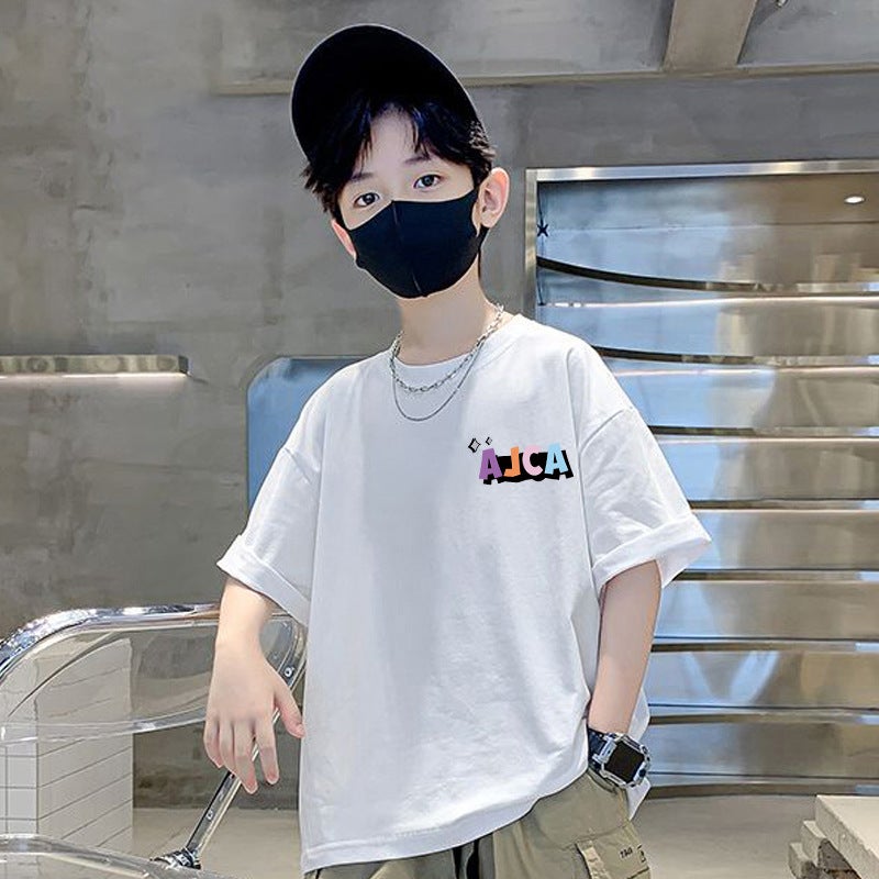 Boys' 2026 Colorful Letter Cotton Short-Sleeve T-Shirt For Older Children, Summer Loose And Simple New Style Boys' Top - Image 5