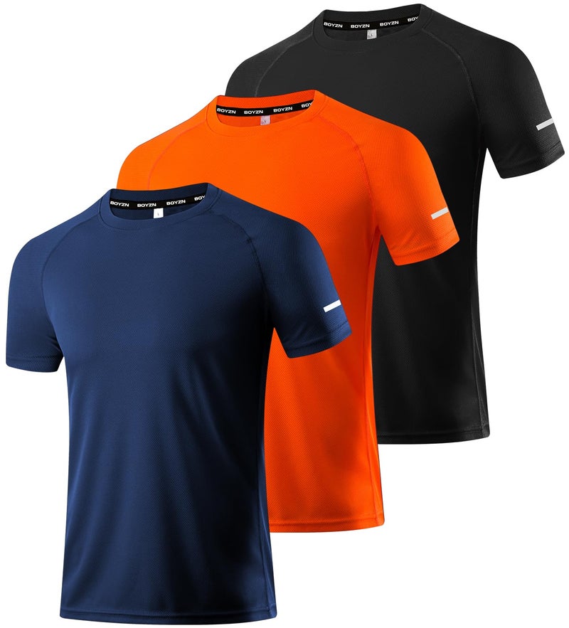 Boyzn Men's 3 Pack Workout Shirts Dry Fit Gym Shirts Moisture Wicking Short-Sleeve Mesh Athletic T-Shirts Black/Navy/Orange-3P10-M - Image 1