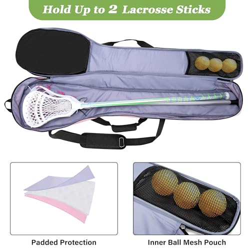GOBUROS Lacrosse Stick Bag for Men Women, Padded Lax Equipment Bag with Separate Ventilated Shoe Compartment and Multi Pockets for Essentials, Black and Pink - Image 2