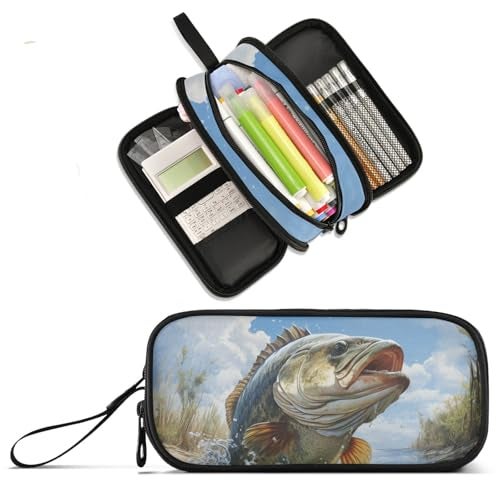 XUWU Bass Fish Large Capacity Pencil Case Pencil Pouch Office School Large Storage Pen Bag 3 Compartment pencil box for Adults School Teen Girl Boy Men Women - Image 1