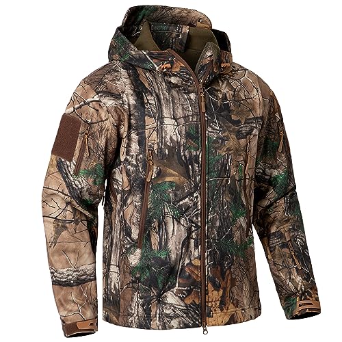 CARWORNIC Men's Camo Quiet Hunting Jacket Waterproof Softshell Fleece Lined Camouflage Silent Hunting Clothes Windproof Outdoor Work Safari Hiking Fishing Coat - Image 1