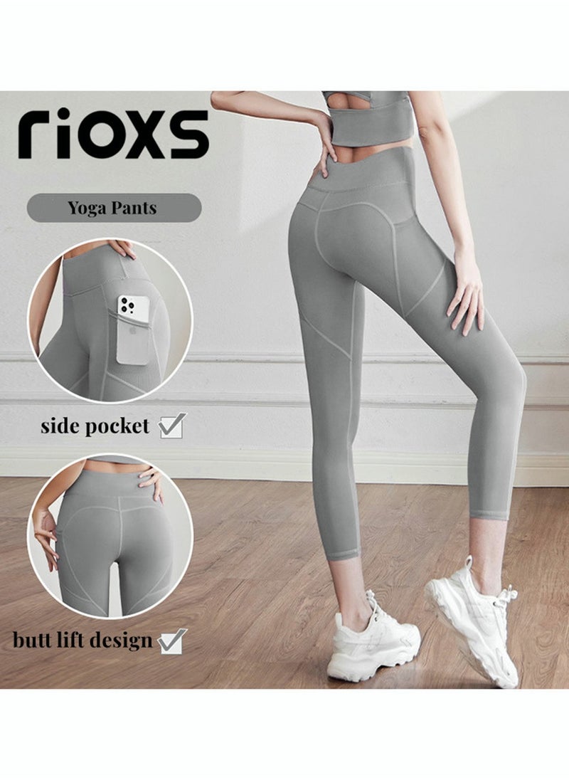 RIOXS - Women's High Waisted Yoga Pants,Stretch Leggings With Side Pockets,Workout Tummy Control Leggings For Sports Gym Yoga Tights,Skinny Leggings For Women Ladies Running - Image 1