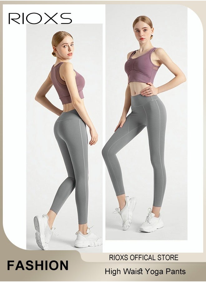 RIOXS - Women's High Waisted Yoga Pants,Stretch Leggings With Side Pockets,Workout Tummy Control Leggings For Sports Gym Yoga Tights,Skinny Leggings For Women Ladies Running - Image 1