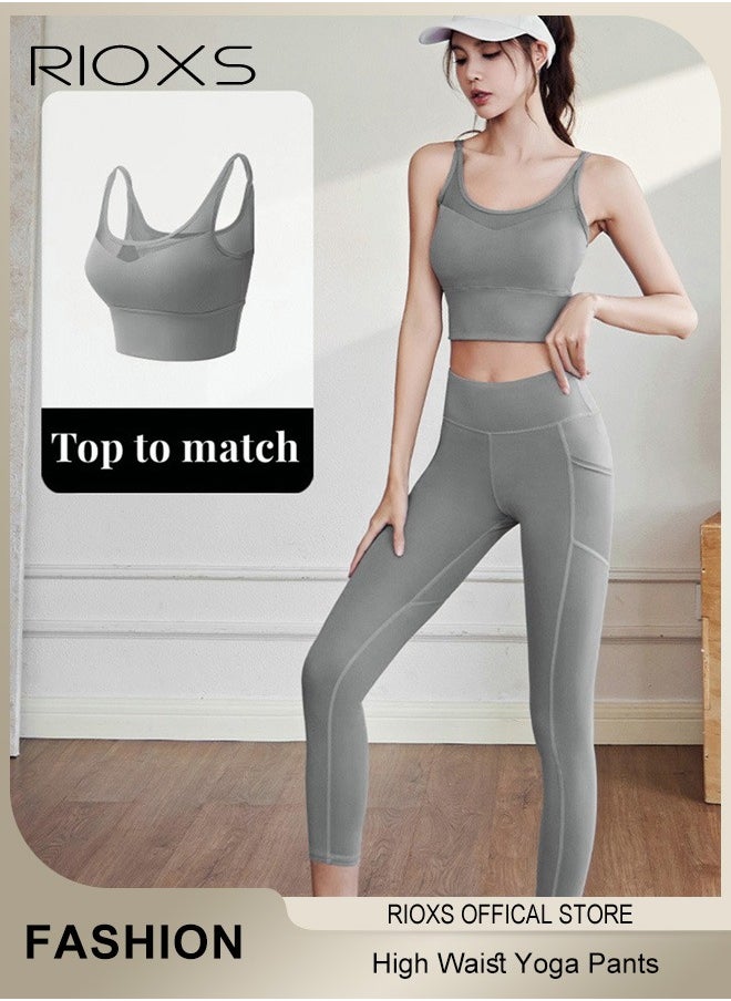 RIOXS - Women's High Waisted Yoga Pants,Stretch Leggings With Side Pockets,Workout Tummy Control Leggings For Sports Gym Yoga Tights,Skinny Leggings For Women Ladies Running - Image 1