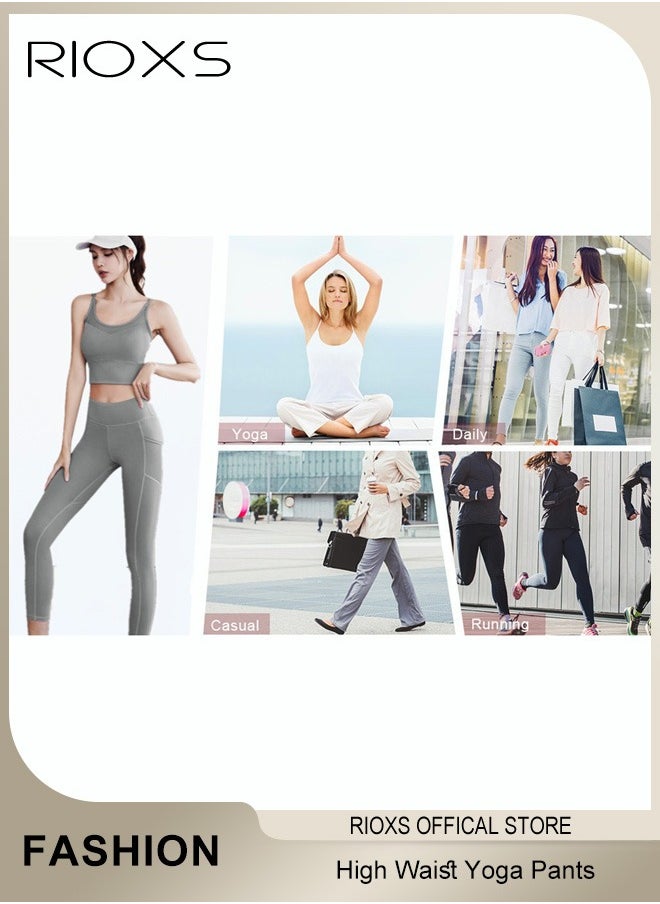 RIOXS - Women's High Waisted Yoga Pants,Stretch Leggings With Side Pockets,Workout Tummy Control Leggings For Sports Gym Yoga Tights,Skinny Leggings For Women Ladies Running - Image 1