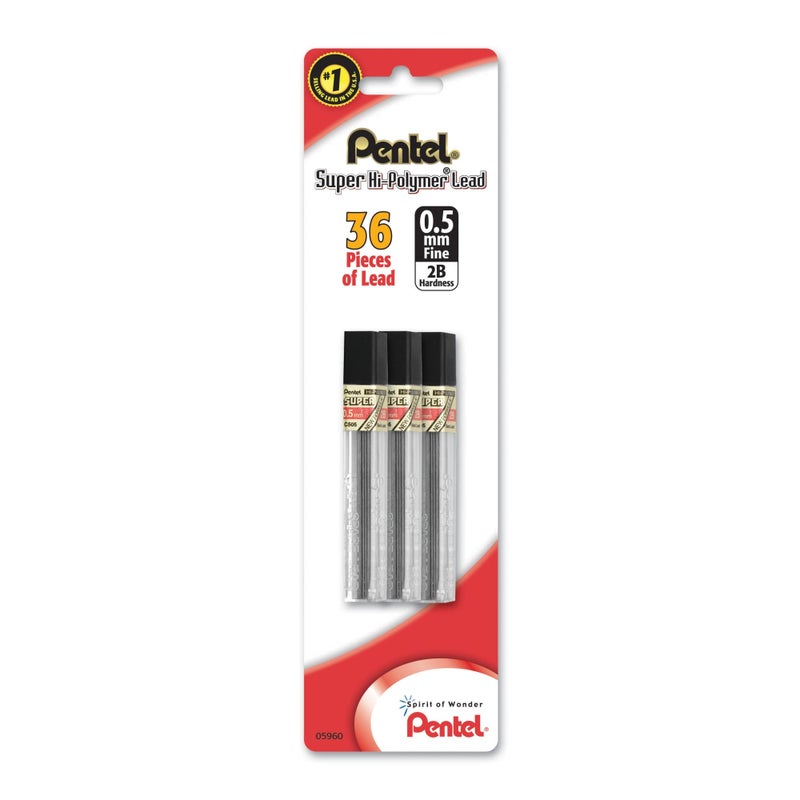 Pentel قلم رصاص ميكانيكي من بنتل® برؤوس سوبر هاي بوليمر®، 0.5 مم، 2B، 12 رأس لكل أنبوب، عبوة من 3 أنابيب - Image 1