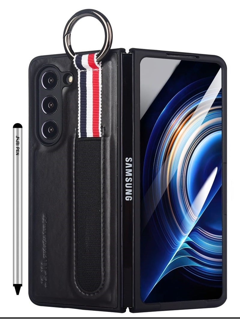 Z FOLD 5 - JSJM RING HOLDER + Glass + Pen COVER LEATHER FASHION CASE FOR SAMSUNG GALAXY Z FOLD 5 (DESIGN- 117) [Black Color]
