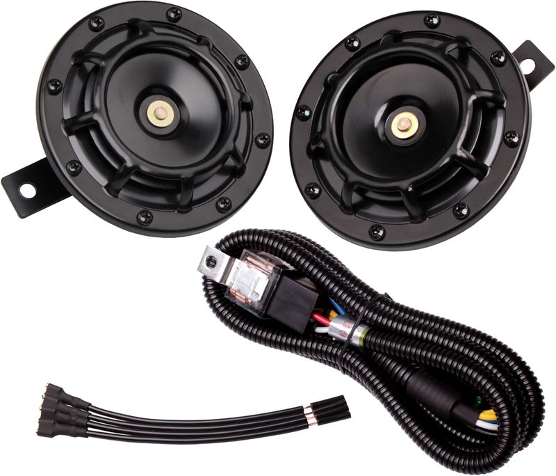 FARBIN Car Horns 12v Loud High Tone/Low Tone Metal Twin Horns Kit with Relay Harness,Universal Horn for Truck Car Motorcycle (Black horn with wire harness) - Image 1