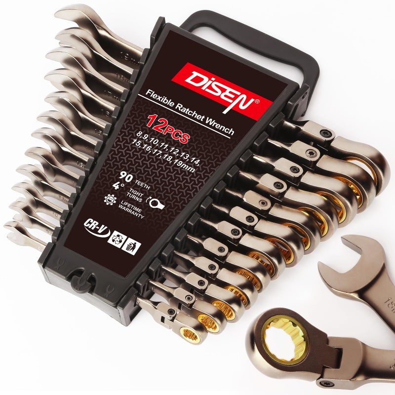 DISEN 12 Pcs Flex Head Ratcheting Wrench Set 90 Teeth, Metric Combination Ratchet Wrenches Set 8-19MM, Nickel Plating Cr-VSteel with Organizer Rack - Image 1
