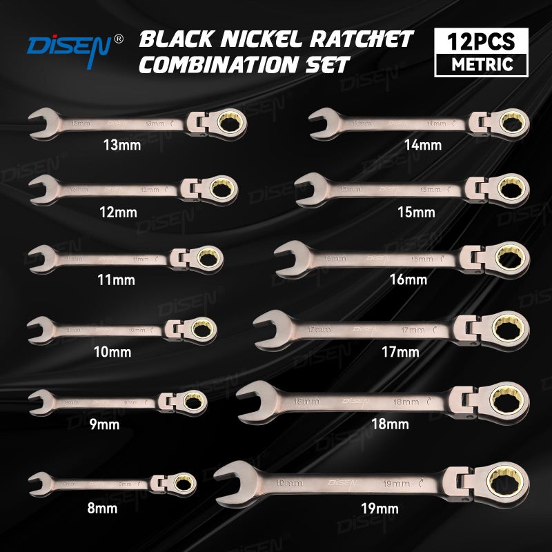 DISEN 12 Pcs Flex Head Ratcheting Wrench Set 90 Teeth, Metric Combination Ratchet Wrenches Set 8-19MM, Nickel Plating Cr-VSteel with Organizer Rack - Image 5