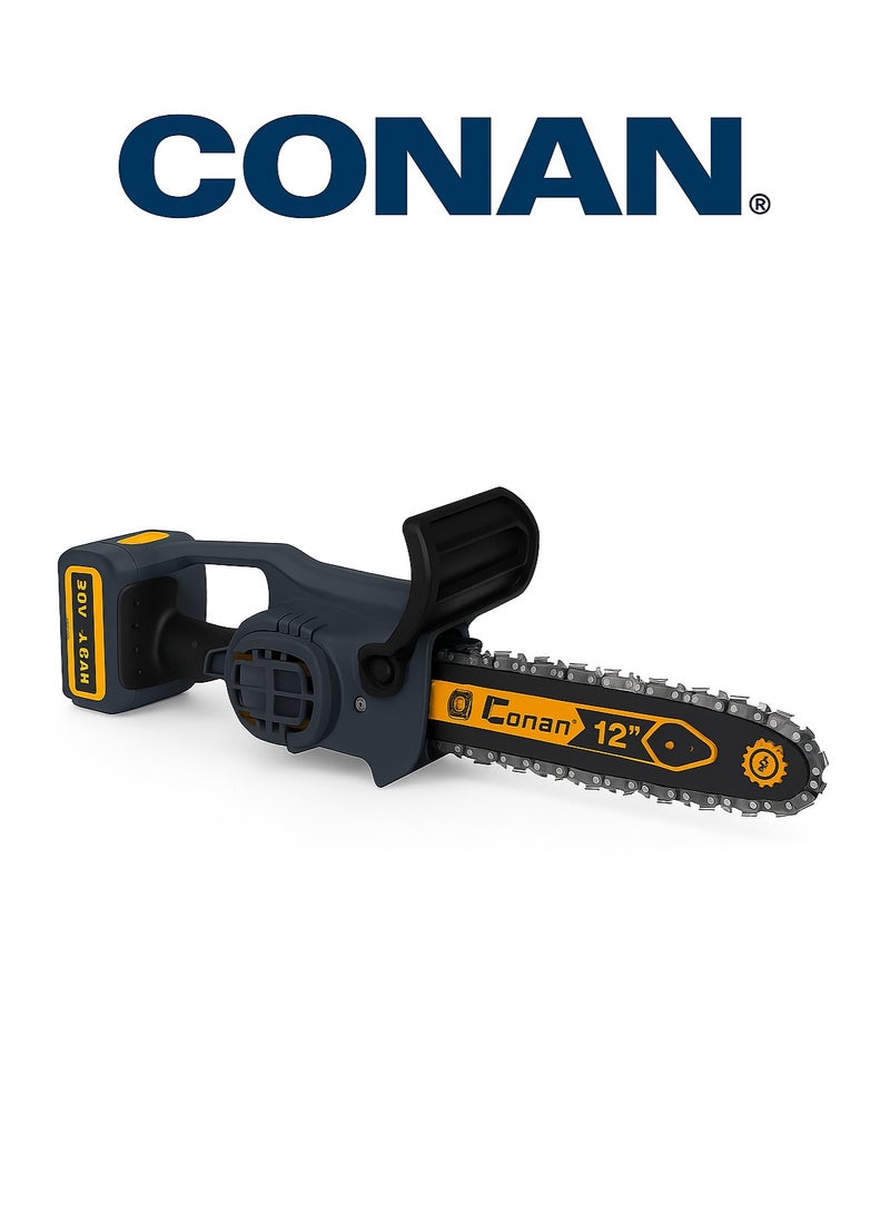 كونان منشار جنزير لاسلكي 21 فولت من Conan مقاس 12 بوصة، سرعة 3500 د/دقيقة وقدرة قص حتى 50 سم، مع بطاريتين ليثيوم 21V سعة 3.0Ah وشاحن سريع – لتقليم الأشجار وقطع الأخشاب - Image 1