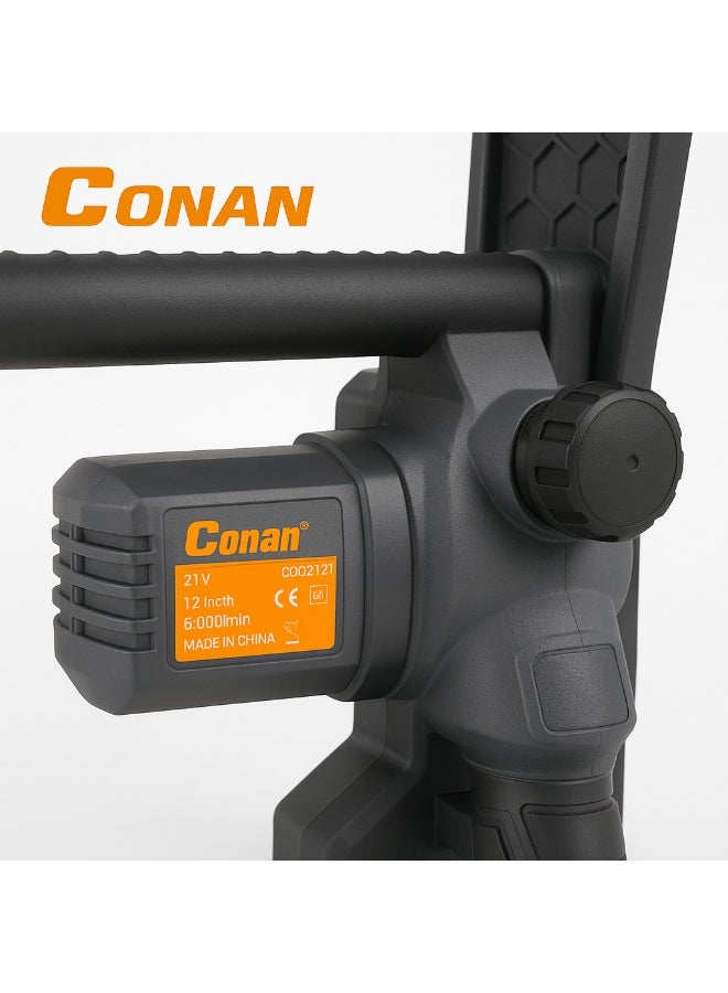 كونان منشار جنزير لاسلكي 21 فولت من Conan مقاس 12 بوصة، سرعة 3500 د/دقيقة وقدرة قص حتى 50 سم، مع بطاريتين ليثيوم 21V سعة 3.0Ah وشاحن سريع – لتقليم الأشجار وقطع الأخشاب - Image 4