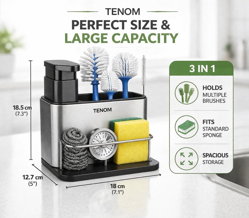 TENOM Soap Dispenser for Kitchen Sink with Sink Organiser & Sponge Holder, Stainless Steel Rust Proof Dishwasher Safe Space Saving Dishwashing Liquid Rack Organizer (Silver) - Image 2