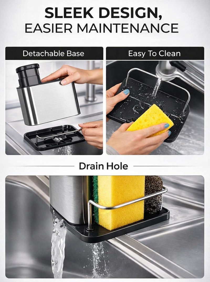 TENOM Soap Dispenser for Kitchen Sink with Sink Organiser & Sponge Holder, Stainless Steel Rust Proof Dishwasher Safe Space Saving Dishwashing Liquid Rack Organizer (Silver) - Image 4