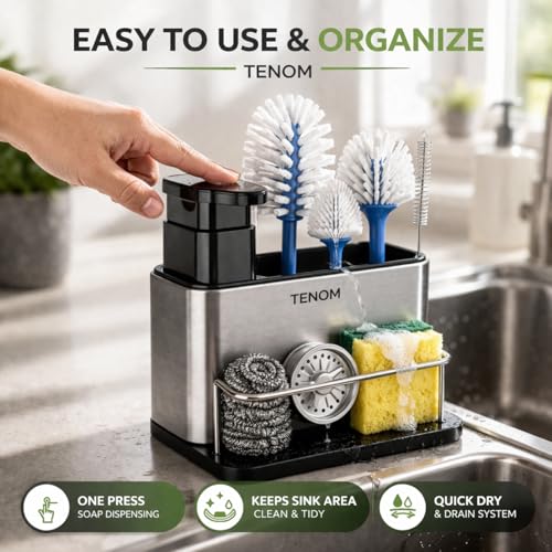 TENOM Soap Dispenser for Kitchen Sink with Sink Organiser & Sponge Holder, Stainless Steel Rust Proof Dishwasher Safe Space Saving Dishwashing Liquid Rack Organizer (Silver) - Image 5