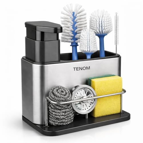 TENOM Soap Dispenser for Kitchen Sink with Sink Organiser & Sponge Holder, Stainless Steel Rust Proof Dishwasher Safe Space Saving Dishwashing Liquid Rack Organizer (Silver) - Image 1