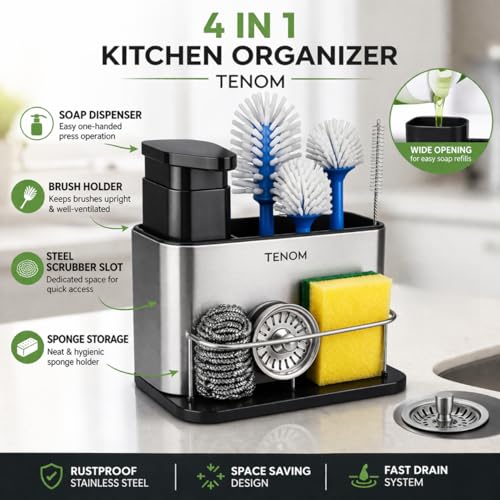 TENOM Soap Dispenser for Kitchen Sink with Sink Organiser & Sponge Holder, Stainless Steel Rust Proof Dishwasher Safe Space Saving Dishwashing Liquid Rack Organizer (Silver) - Image 3