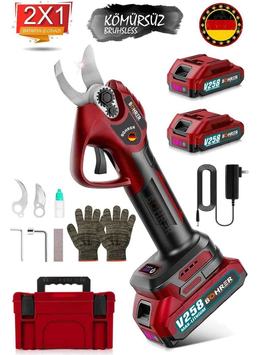 Böhrer Cordless Pruning Shears Red, 2 x Battery, 30MM Cutting Diameter, Double Stage Cutting Feature, Sk5 Steel Blade 