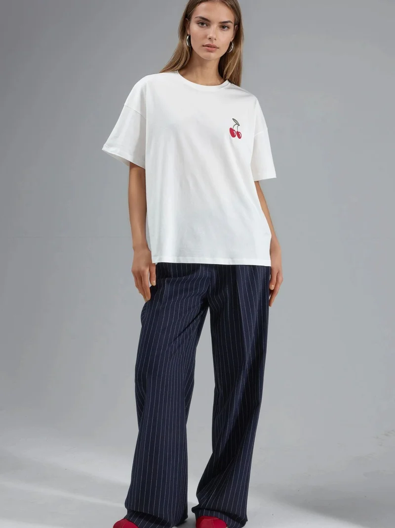 Hiccup Dusty White Oversized Embroidered Knitted T-Shirt for Women | Best Price UAE