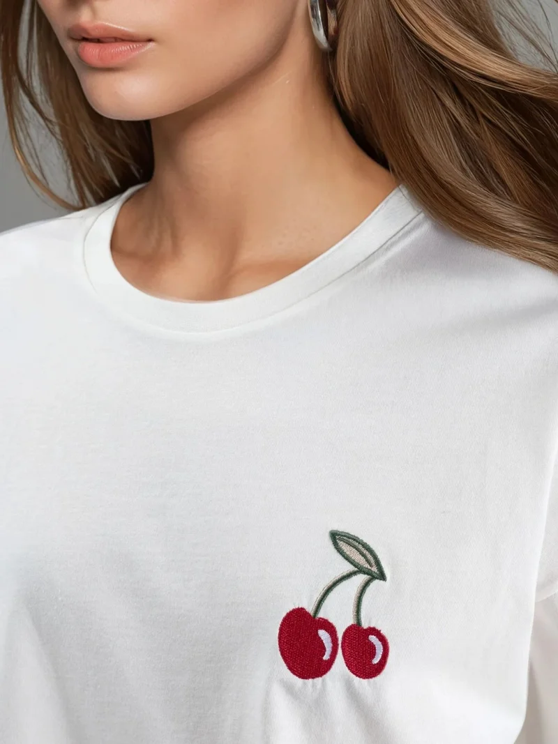 Hiccup Dusty White Oversized Embroidered Knitted T-Shirt for Women | Best Price UAE