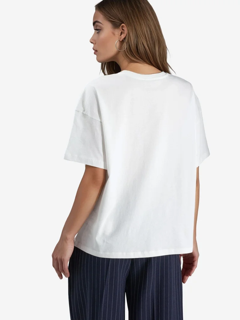 Hiccup Dusty White Oversized Embroidered Knitted T-Shirt for Women | Best Price UAE