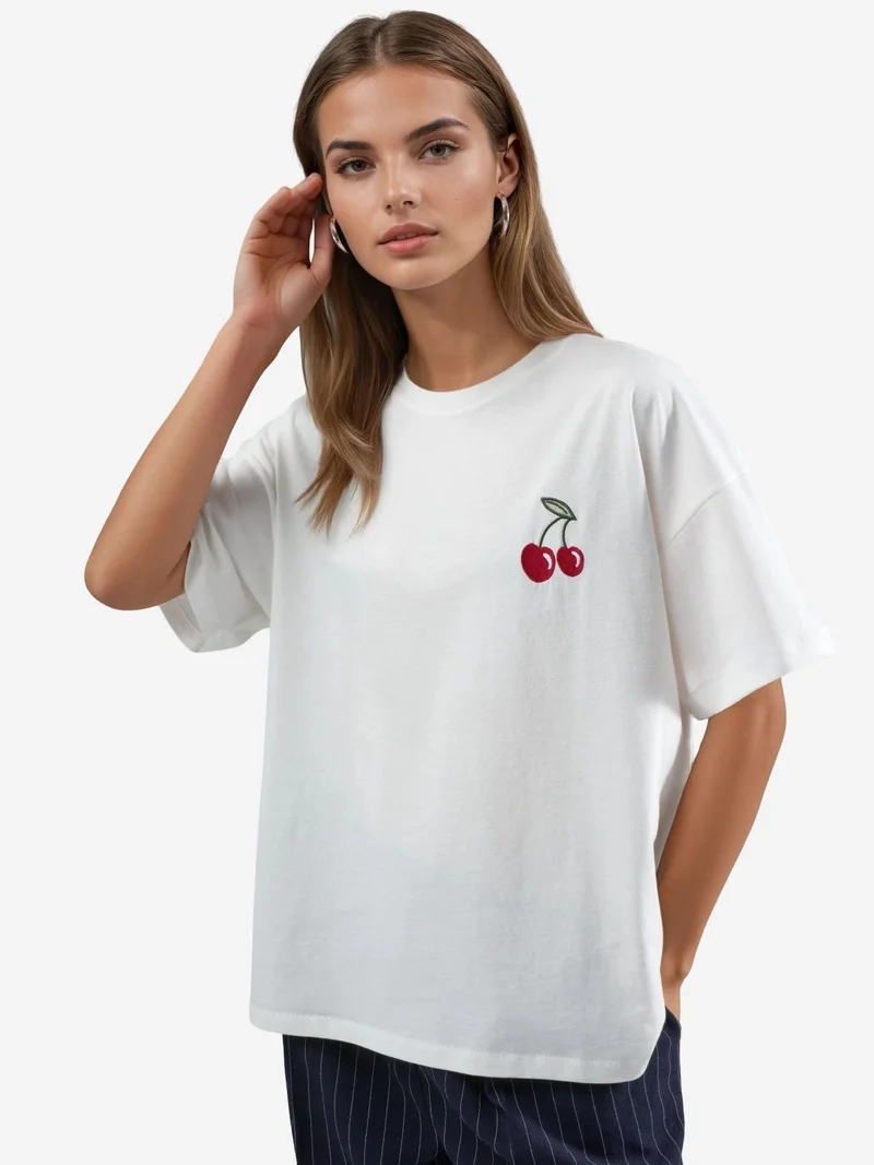 Hiccup Dusty White Oversized Embroidered Knitted T-Shirt for Women | Best Price UAE