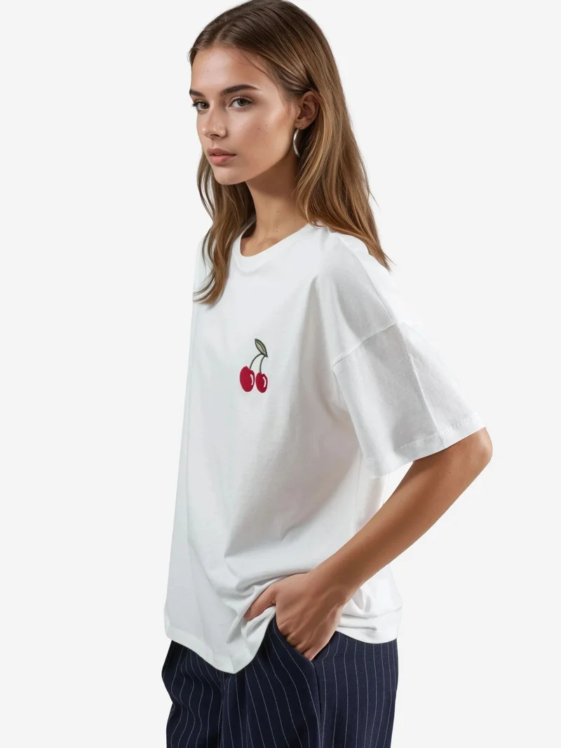 Hiccup Dusty White Oversized Embroidered Knitted T-Shirt for Women | Best Price UAE