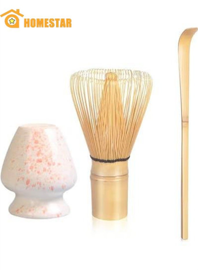 Matcha Whisk Set, 3-Piece Handmade Natural Bamboo Set (Stirrer, Spoon With Hook, Brush Placer), Falling Cherry White - Image 1