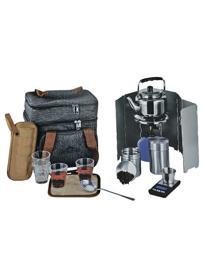 A complete travel tea set. Includes a stove, teapot, electronic scale, measuring cup, four teacups in a storage bag, two stainless steel tins, a spoon, an insulated tea bag, and a windproof cover. All this in a high-quality, multi-colored carrying case. - Image 1