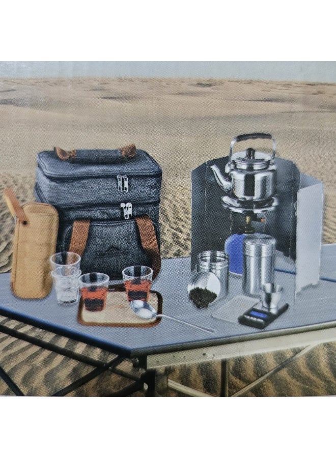 A complete travel tea set. Includes a stove, teapot, electronic scale, measuring cup, four teacups in a storage bag, two stainless steel tins, a spoon, an insulated tea bag, and a windproof cover. All this in a high-quality, multi-colored carrying case. - Image 3