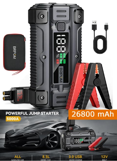 3 in 1 jump starter car battery charger, a 26800 mAh A 12-volt power bank, tayp C and USB charger, and a flashlight